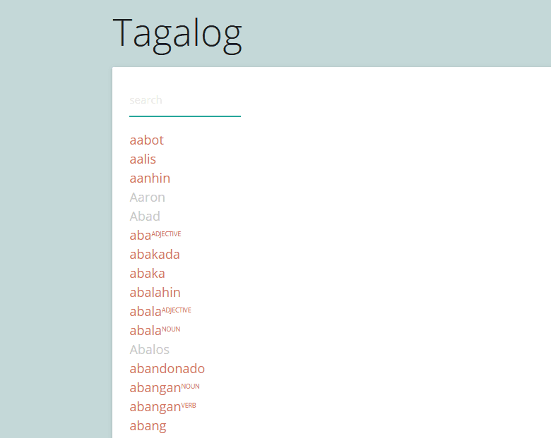 This is the starting page of our example dictionary of Tagalog.